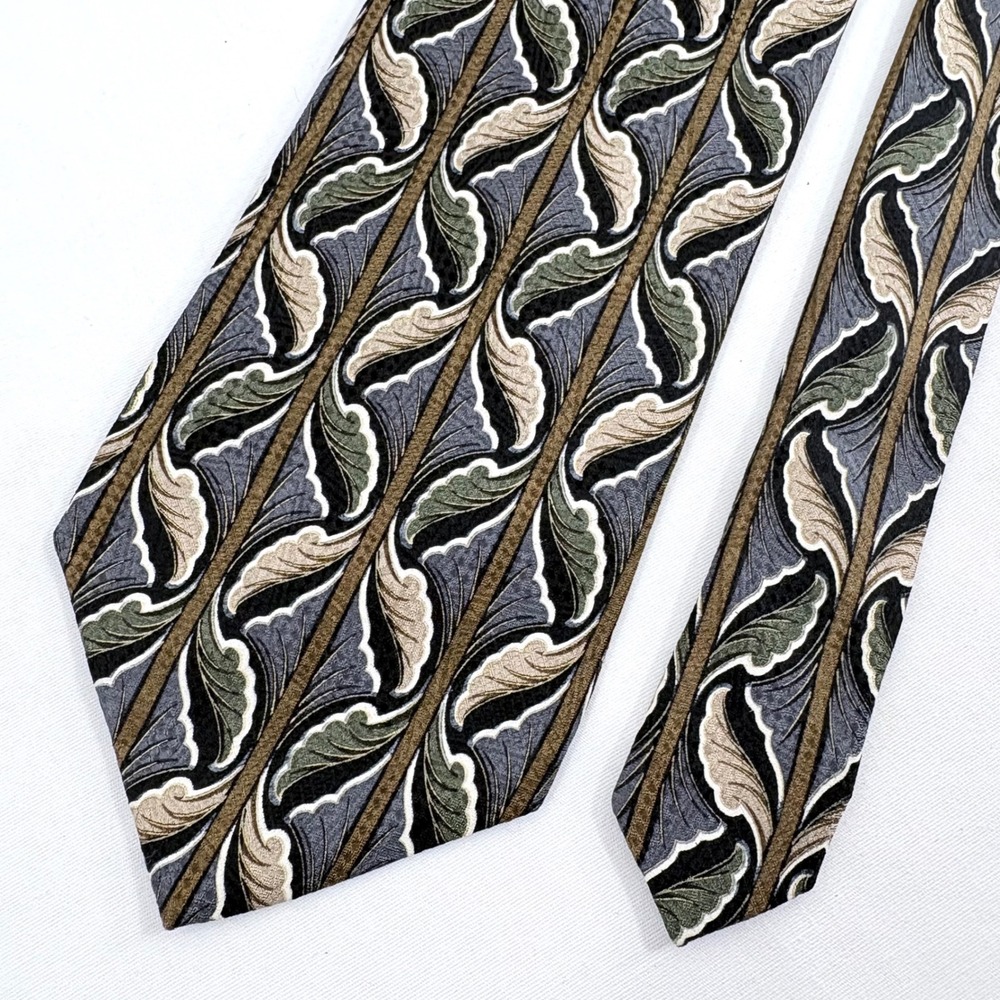 Pavia Silk Tie Grey Olive Green Gold Botanical Leaf Stripe‎ Made in Italy Mens